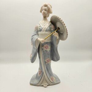 Vintage Porcelain Geisha Figurine w/ Parasol – Blue Kimono, Roses